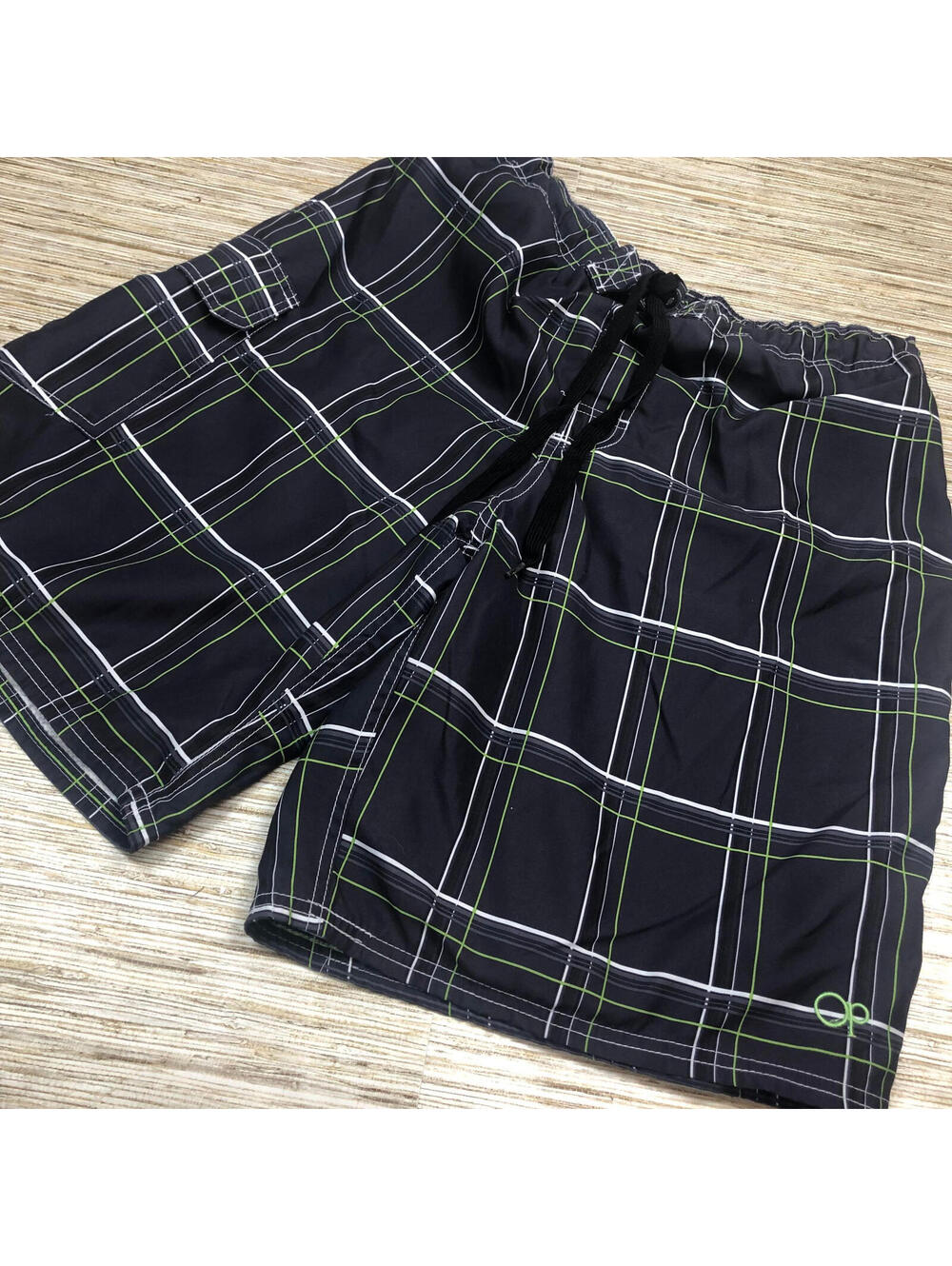 1247 OP Ocean Pacific Board Shorts Men's Mesh Lined Swim Trunks BLACK PLAID sz L